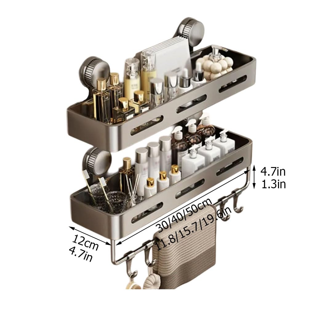 Duschablage Ohne Bohren mit Handtuchständer, Badezimmer Organizer Wandregal mit Haken, Aluminium Duschregal für Waschbecken Küche,2etage,40cm
