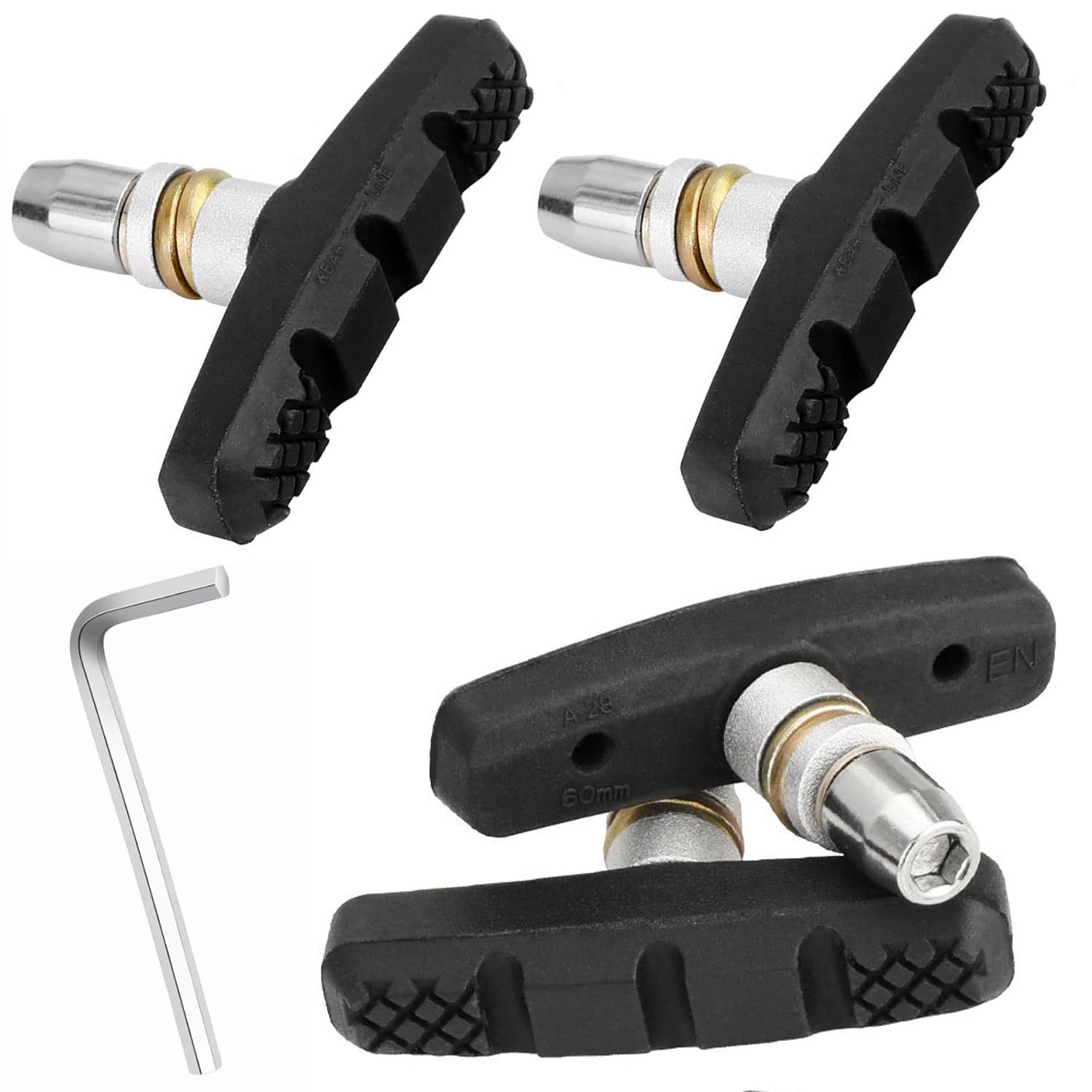 LIKENNY 4個セット 自転車 ブレーキシュー Vタイプ ブレーキパッド 60mm 全天候型 Vブレーキ 消音 耐久 ブレーキパッド 左右分け設計 マウンテンバイク/ロードバイク/折りたたみ自転車用 六角レンチ付き