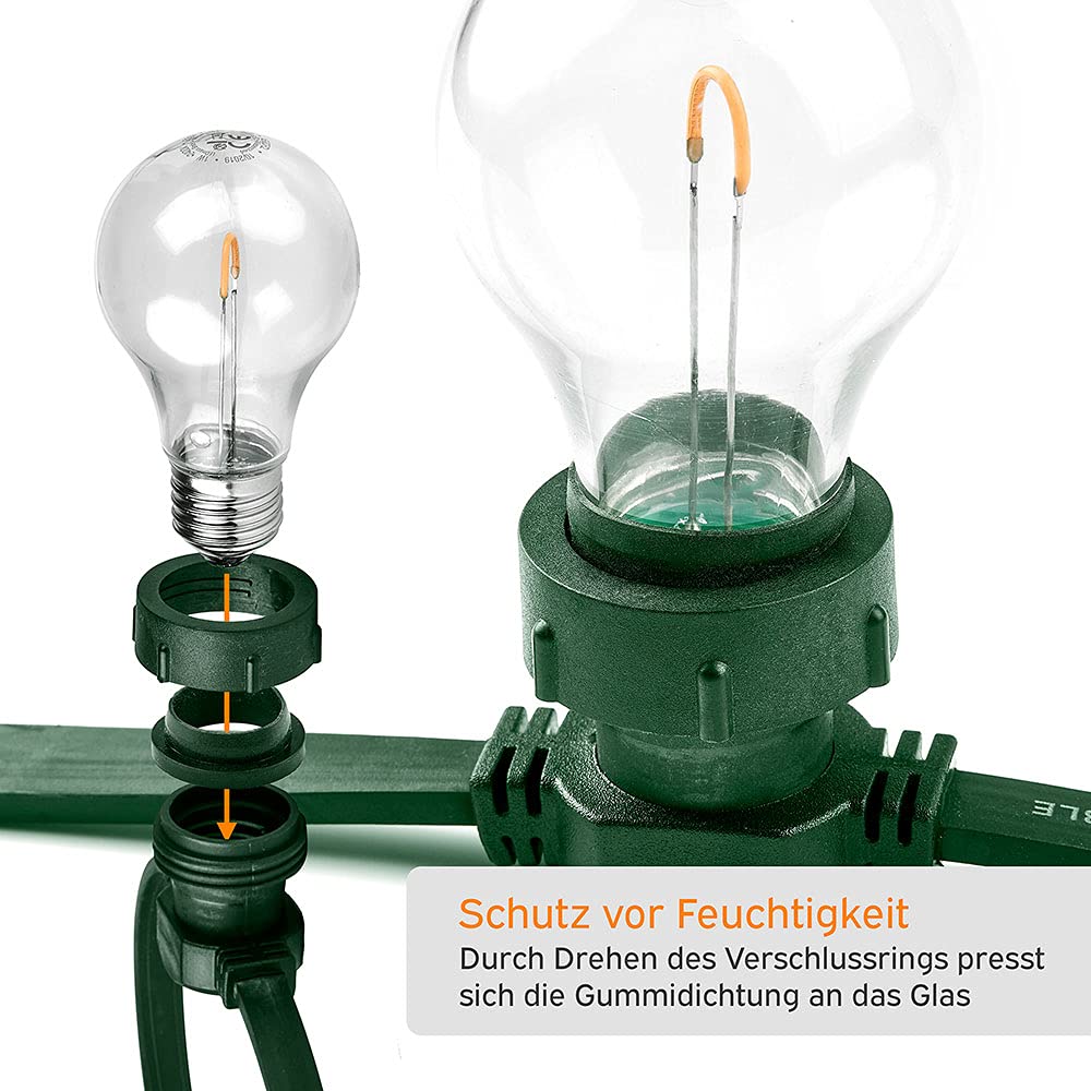 NCC-Licht Illu Lichterkette Komplettset 30 Meter Grün 30 E27 Fassungen mit Dichtung zum Verschrauben verlängerbar