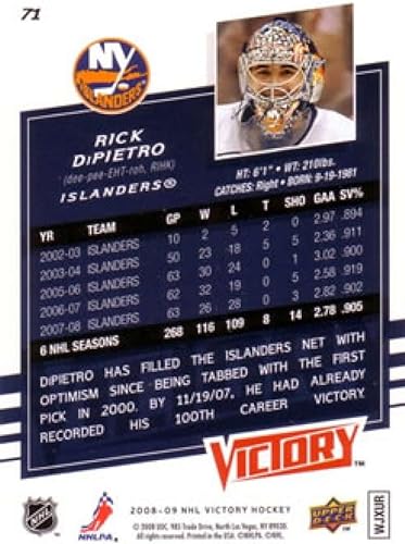Miniatura 2 de 2008-09 Upper Deck Victory Hockey #71 Rick DiPietro New York Islanders Official NHL Trading Card (Stock Photo Shown, Near Mint or Better Condition)