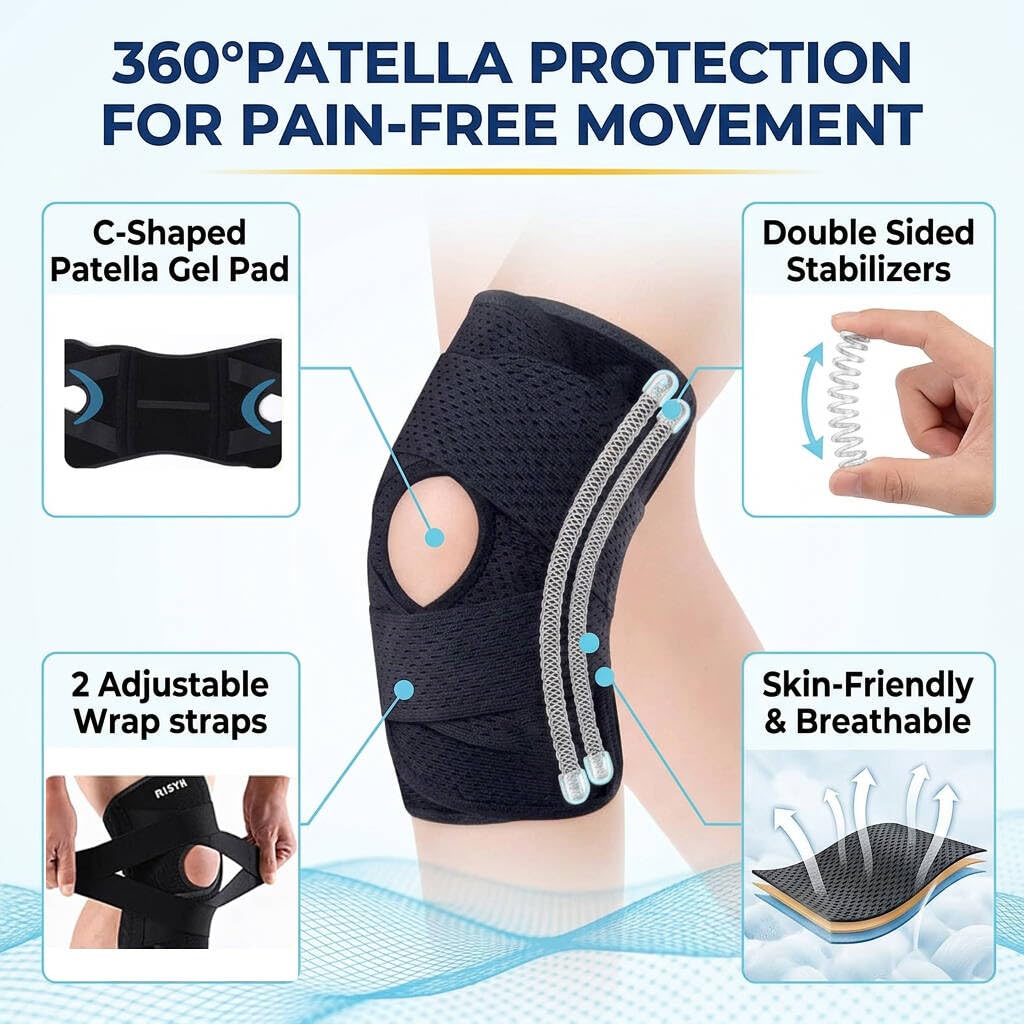 Meniscus Knee Brace for Women & Men, Knee Support with Side Stabilizers, Meniscus Tear Pain Relief for ACL & Arthritis, Adjustable Patella Stability Strap with V-Straps Design (Medium)