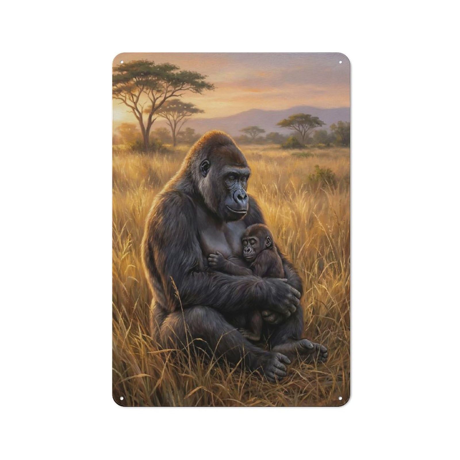 Junmoney Style-19 For Hobby Room Or Studio, Gorilla Mother And Baby In Savannah Retro Metal Sign 30X20cm, A Decorative Gift For A Newly Furnished Hobby Room And Studio