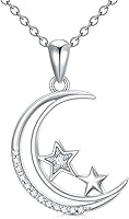Sterling Silver Moon Star Pendant Necklace with Real Natural Diamonds & Moissanite - Handcrafted Gift for Women