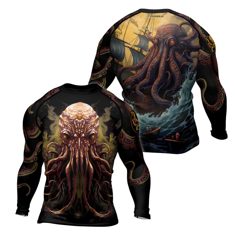 Octopus Long Sleeve Rash Guard Shirt for Men Compression Base Layer Jiu Jitsu MMA No-Gi BJJ Grappling 4-Way Stretch