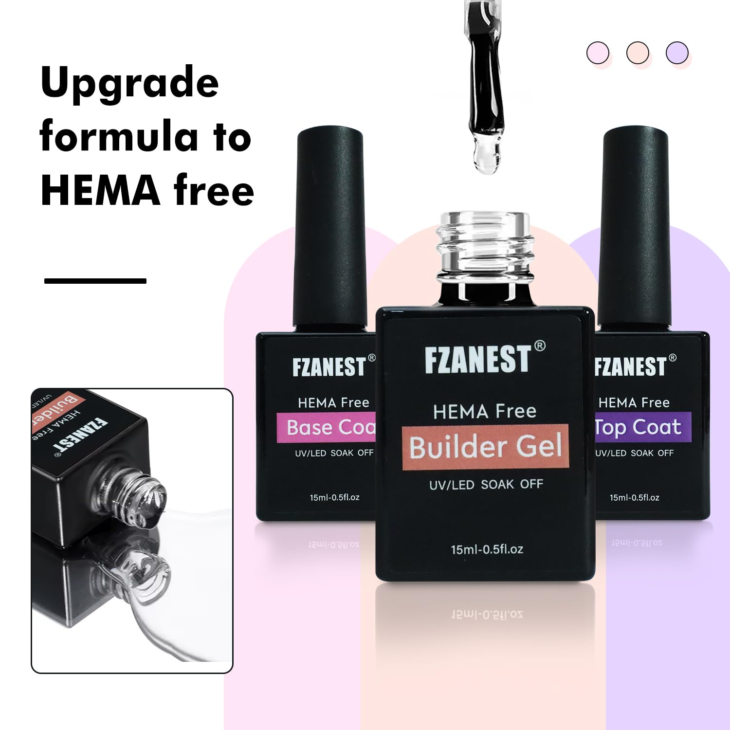 FZANEST Hema-free Builder with Gel Top and Base Coat, 15ml 3Pcs Gel Nail Kit for Nail Thickening Apex Building Extension Long Lasting Nail Protection Soak Off Led UV Glossy Gel