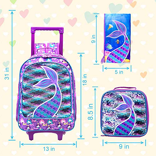 Agsdon 3Pcs Rolling Backpack For Girls, Kids Roller Wheels Bookbag, Wheeled School Bag With Lunch Bag - Mermaid #TOP3