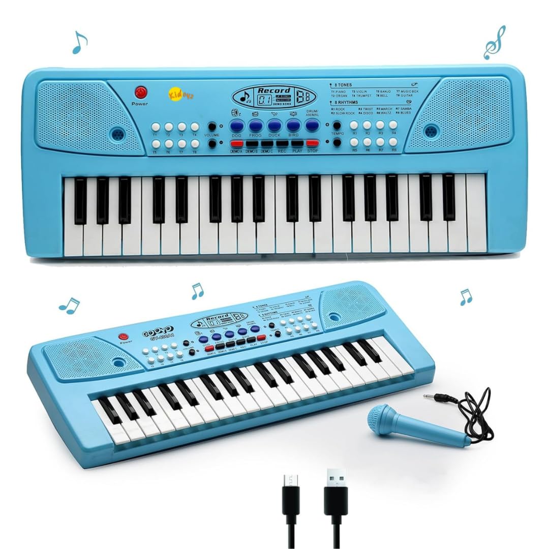 Musical Piano Keyboard, Blue, 37 Keys with Microphone, 8 Rhythms and Tones, USB Powered, Recording Function, Educational Musical Toy for Children 18 Months to 5 Years (Blue Piano)-image-47