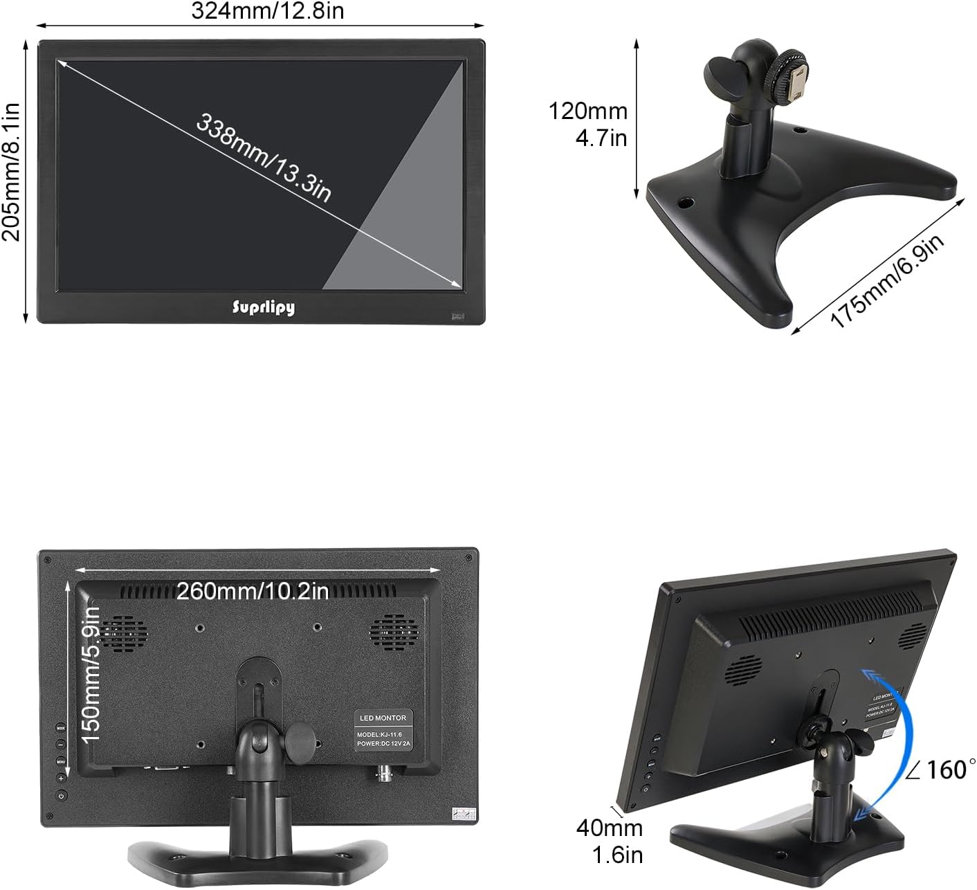 13.3 inch FHD Small IPS Monitor LCD Display Screen 1920x1080 60Hz 16:9 with BNC VGA AV Input Built-in Lounspeakers for CCTV Security Camera DVR PC RasPi