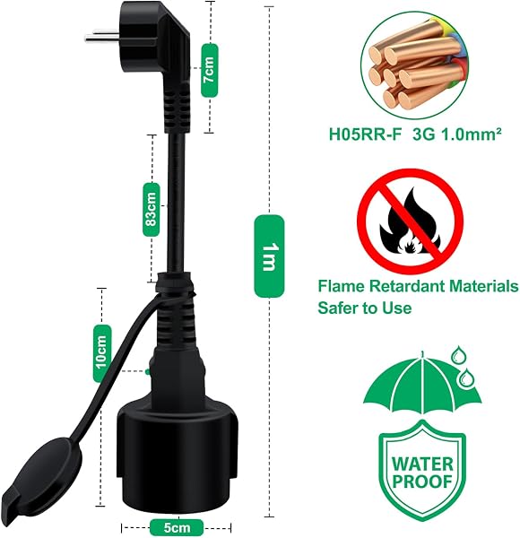Prolunga Corta Schuko 90 Gradi 16A 250V Mini Prolunga Schuko IP44 per Esterno o Interno, Casa, Ufficio (Nero, 1m) - 4