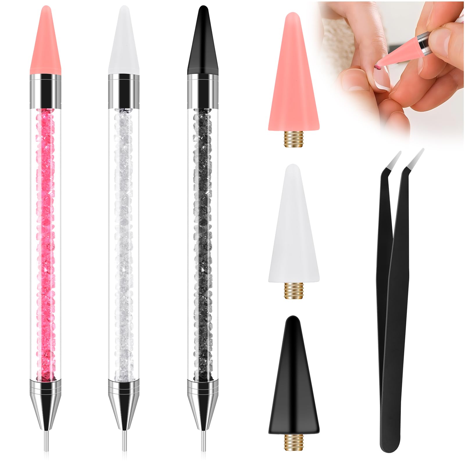 7 Pcs Rhinestone Picker Tool-3 Pcs Double-ended Wax Pencil for Rhinestones Rhinestones Applicator with 3 Extra Wax Tips and 1 Tweezer for Nail Art and DIY Decoration (Black