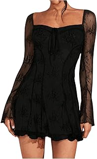 Women's Lace Mesh Flare Long Sleeve Mini Dress Ruffle Flowy Party Cocktail Dresses - Buy now