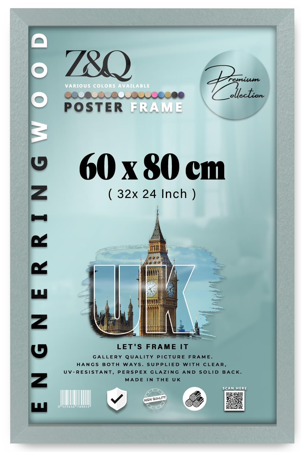Z&Q | Vintage MDF Poster Frame (60 x 80 CM) Premium Wooden Texture, Classic Wall Display 32 x 24 Artistic Frame for Prints, 600 x 800 mm [ Silver ]