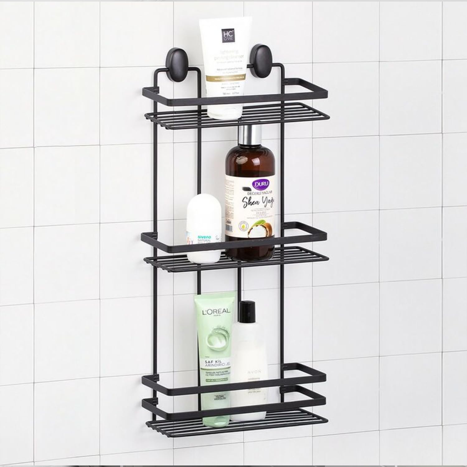 Avilia Estantería Rectangular de baño con 3 estantes – Estantería para Ducha de Pared con 3 estantes, de Acero, 24 x 50 x 11 cm, Negro
