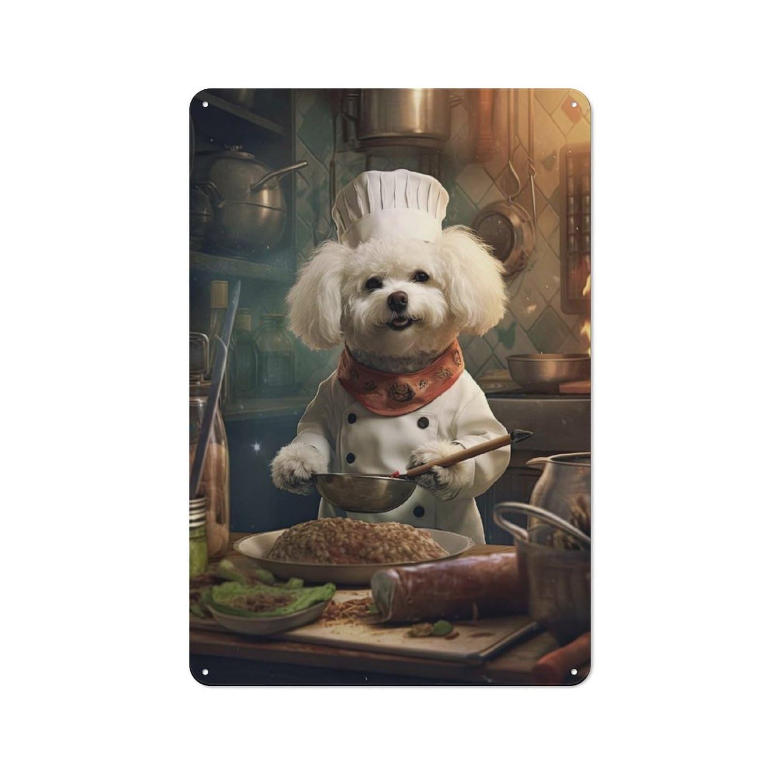 Junmoney Bichon Frise Chef Metal Sign 30X20cm With For Workshop Wall, Rustic Decor, Wall Decoration For Workshops And Hobby Rooms