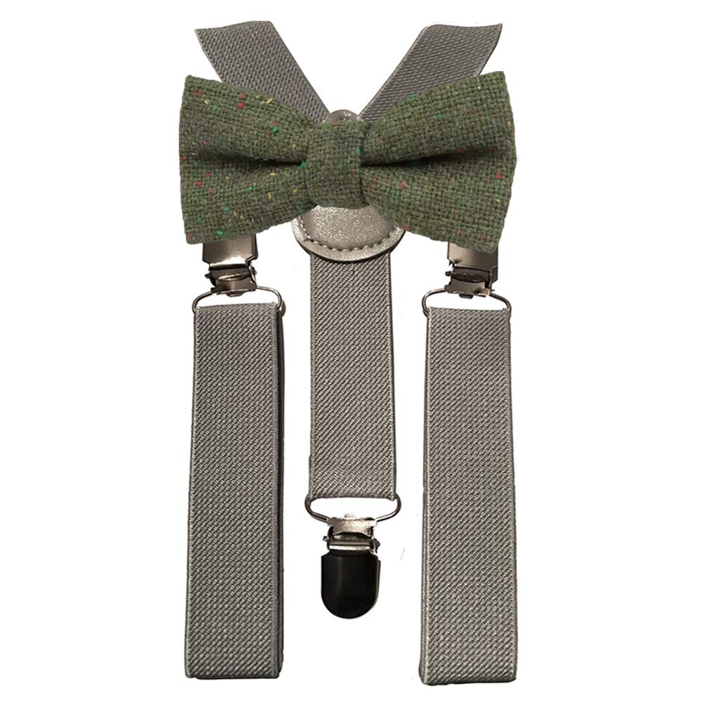 Db Dickie Bow Boys Olive Green Children's Kids Wool Pre-Tied And Adjustable Bow Tie & Grey Braces Set (Olive Green) - Suitable For Formalwear, Weddings, Parties, Page Outfits