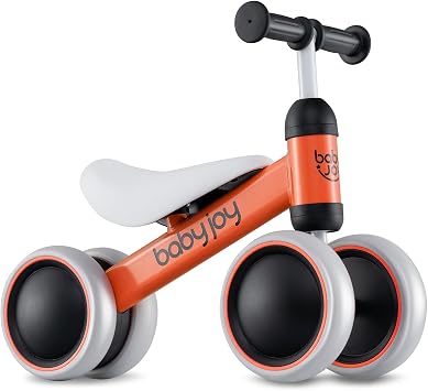 BABY JOY Balance Bike، لا دواسة 4 عجلات دراجة طفل صغير مع مقعد ناعم كأول هدية عيد ميلاد لعبة ركوب، دراجة توازن الطفل لمدة عامين من الأولاد الكبار بنات برتقالي