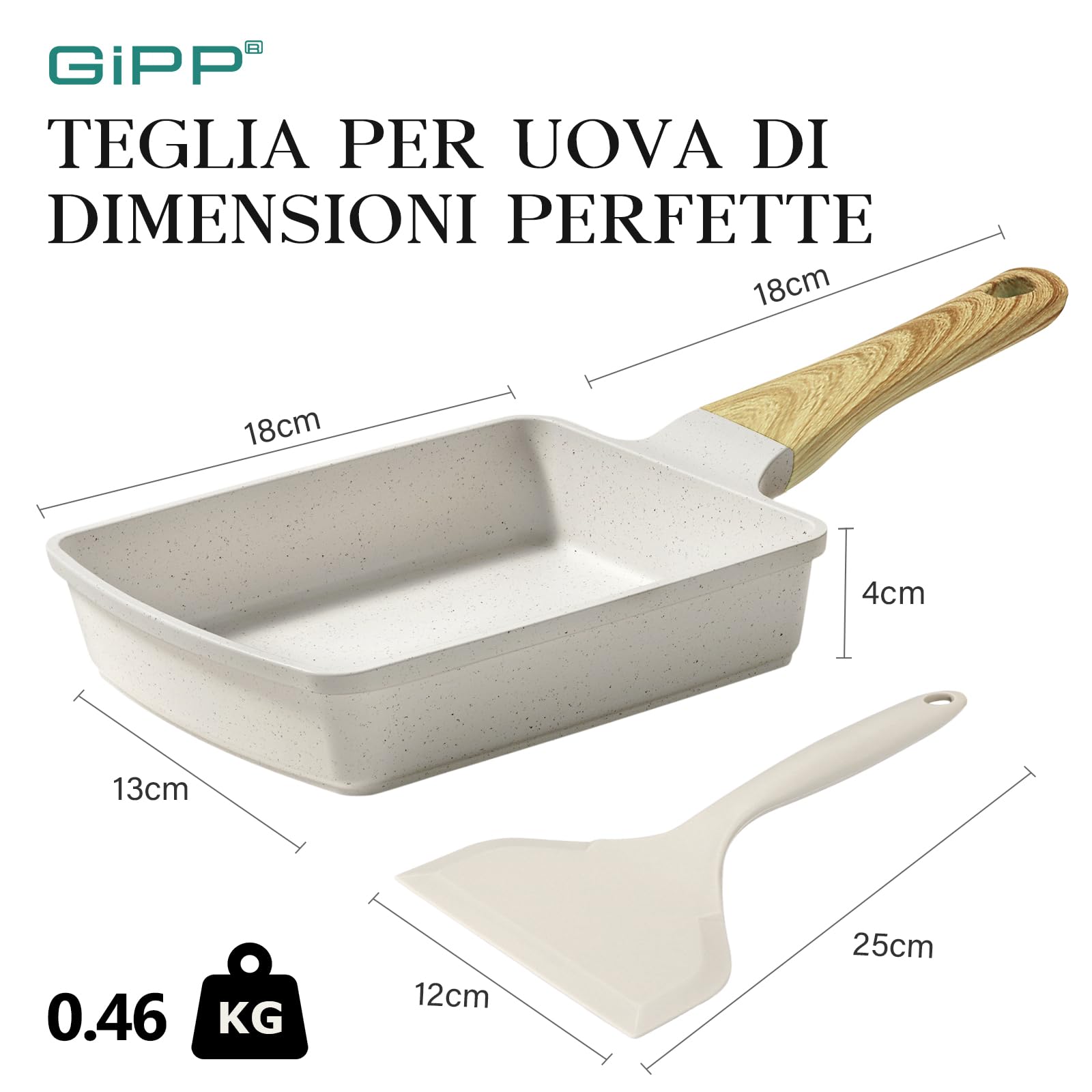 GiPP Padella per frittate antiaderente, padella per colazione a 3/4 fori, frittata giapponese Tamago-yaki, frittata antiaderente in granito, senza PFOS/PFOA (Bianco, tamagoyaki)