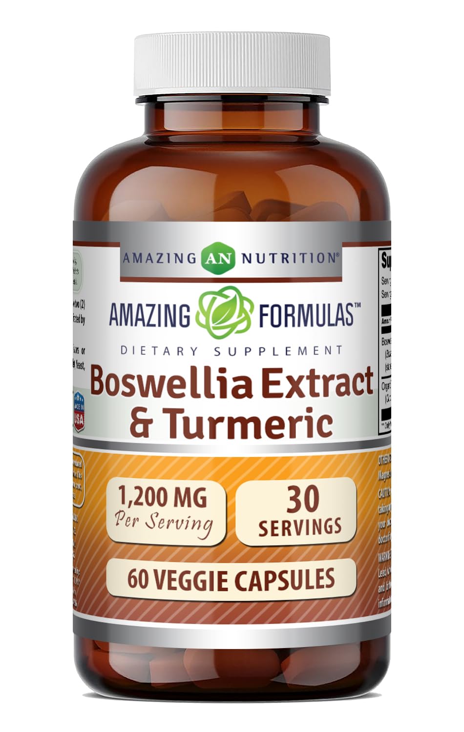 Amazing Formulas Boswellia Extract & Turmeric 1200mg Per Serving Supplement | Veggie Capsules | Non-GMO | Gluten Free | Made in USA | Suitable for Vegetarians (60)