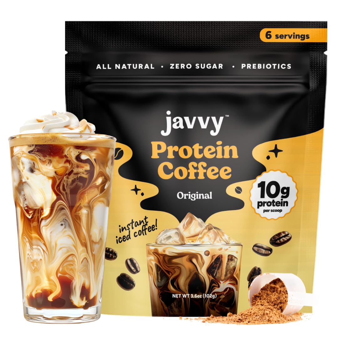 JavvyOriginal Protein Coffee - Premium Whey Protein & Instant Iced Coffee - 100% Arabica Coffee - Zero Artificial Flavors & Sweeteners, 6 Servings