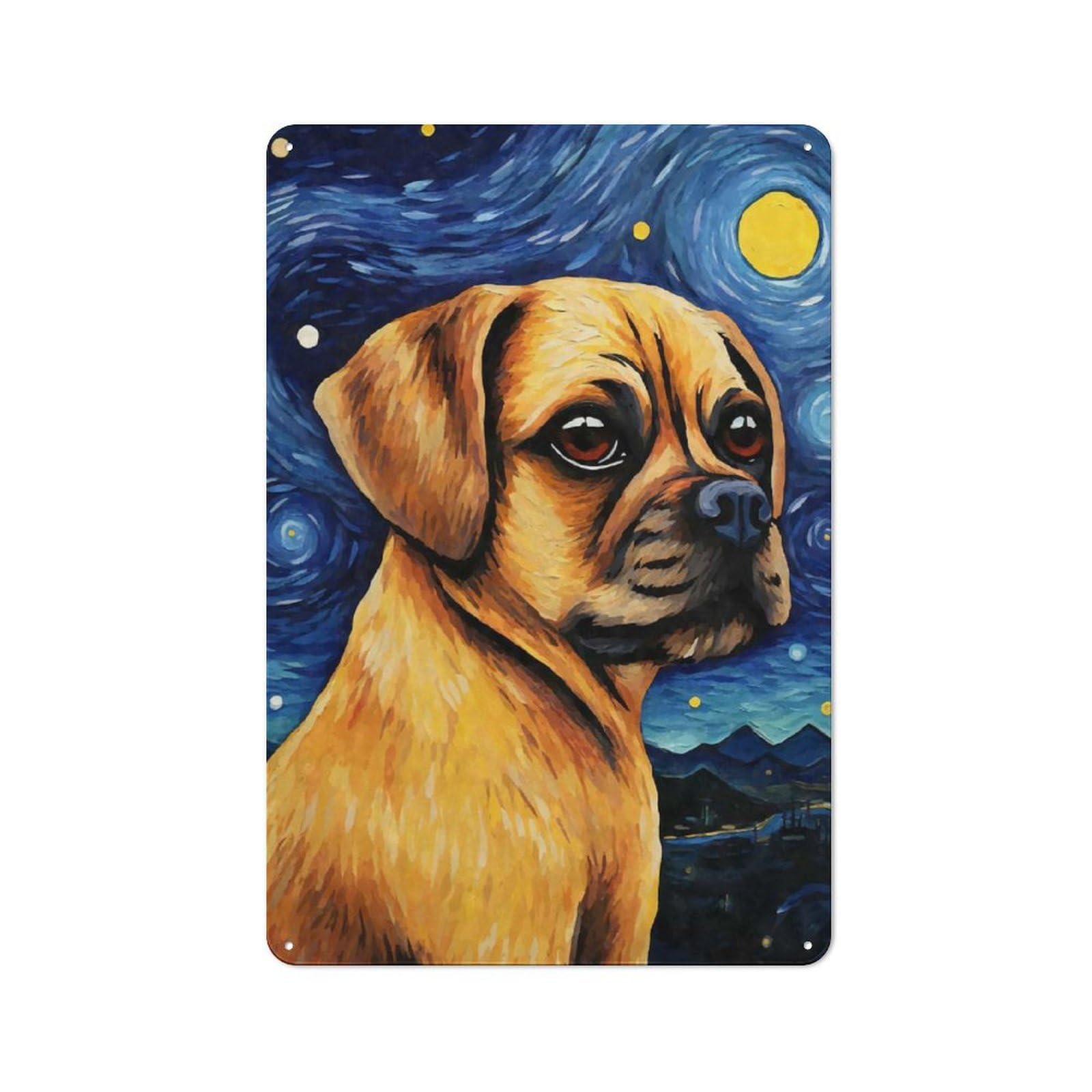 Junmoney Style-2 Puggle Dog Starry Night Tin Wall Sign 30X20cm, Country Style Bistro Wall Plaque For Coffee Bar, Kitchen, Bistro Or Tea Corner