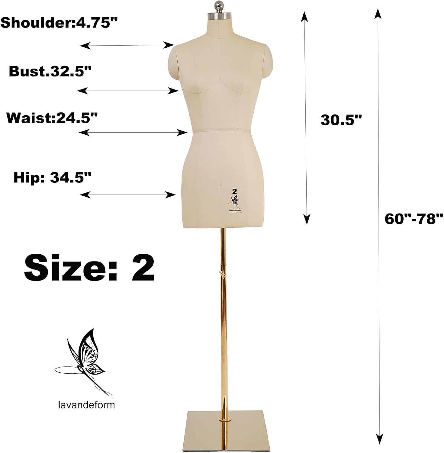 Female Dress Model Torso Body Clothing Forms,Sewing Mannequin Foam Body for Pinning.Height Adjustable Stand. (Beige, 2)