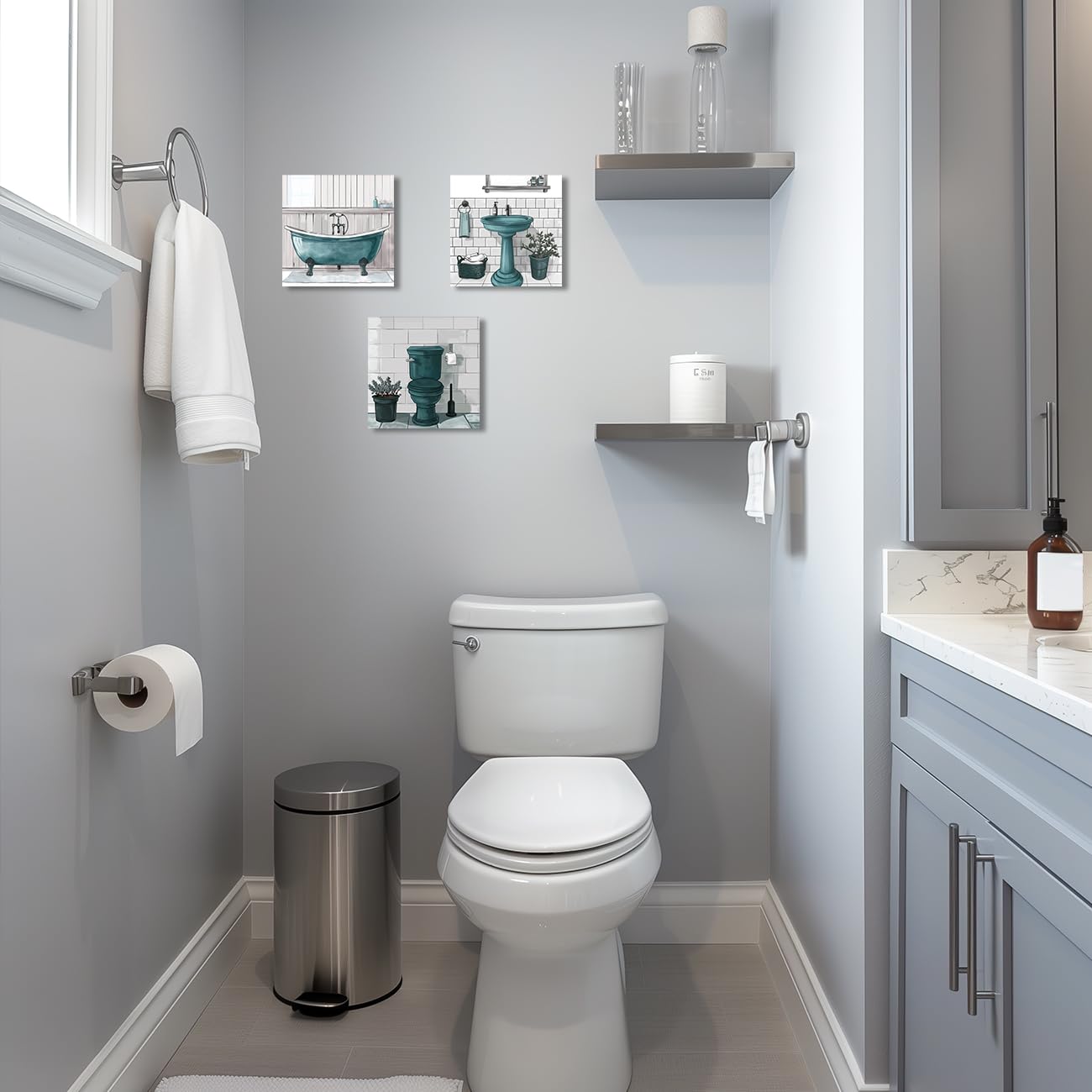 ZQQART Set di 3 stampe su tela per bagno, decorazione da parete per bagno, set di 3 cornici artistiche da parete (verde acqua, 30,5 x 30,5 x 30,5 x 3)