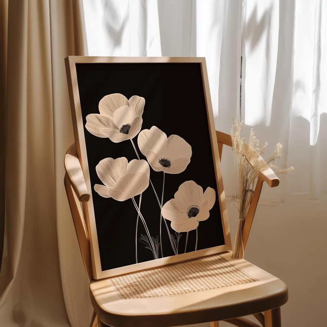 ZHAOLIN Plakat retro z czarnym dzikim kwiatem i beżowym rysunkiem linii botanicznych, minimalistyczny obraz na płótnie z motywem kwiatowym (21 x 30 x 3 cm/rama na płótno)