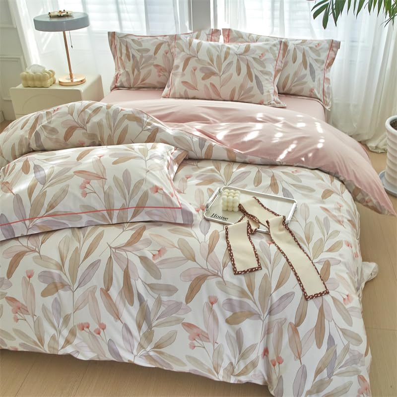 Funda nórdica floral de 3 piezas, 280 x 240 cm, con 2 fundas de almohada de 65 x 65 cm, diseño de hojas, 280 x 240 cm, microfibra suave y transpirable