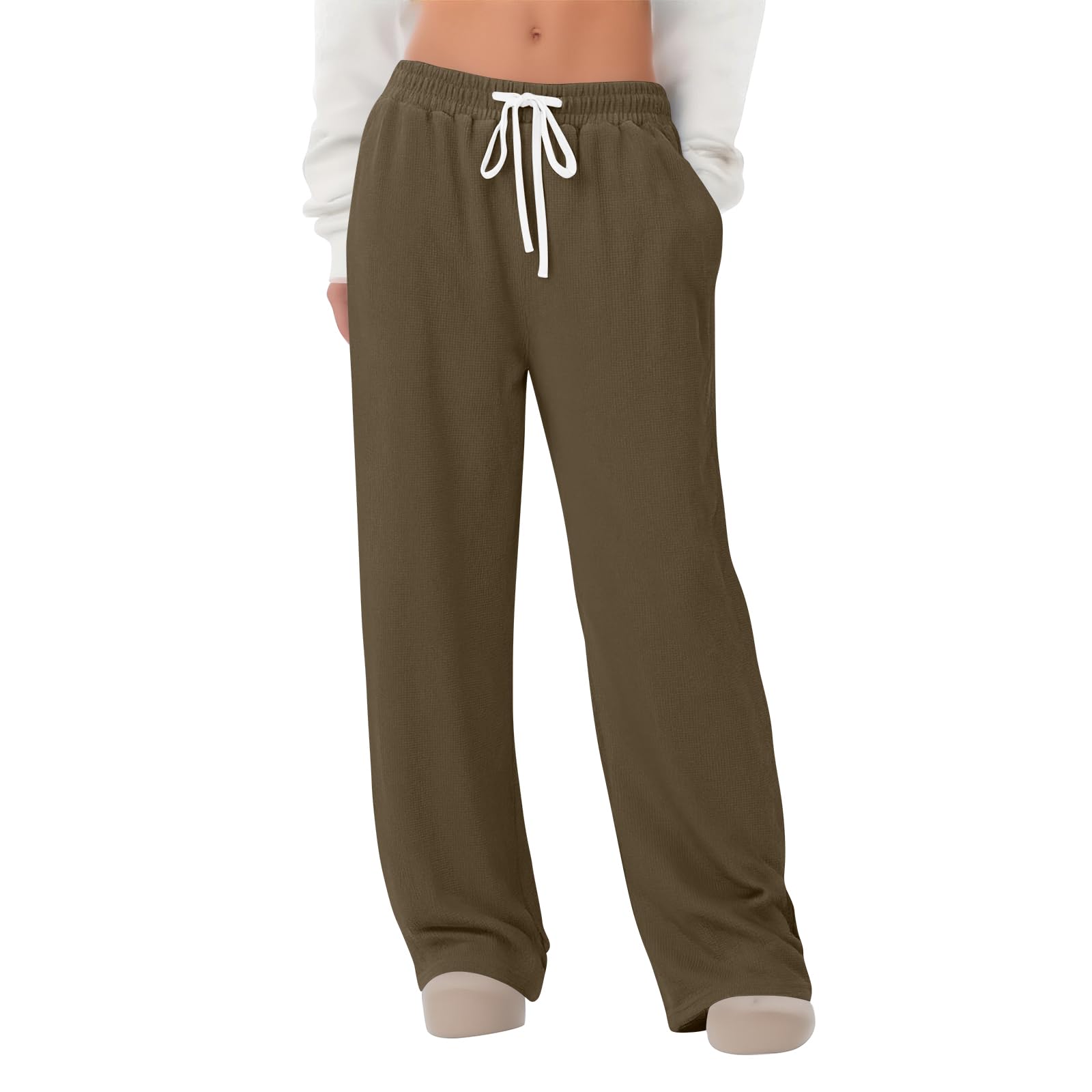 Waffle Knit Pants for Women Baggy Comfy Wide Leg Dress Pants with Pockets Casual Low Rise Straight Leg