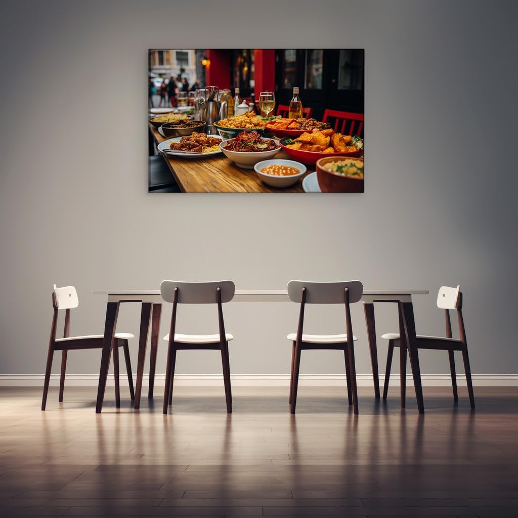 Canvas for Living room. A Feast of Flavors: Indulge in a Chinese Cuisine Extravaganza Against an Urban Backdrop, 27 x 18 inch Canvas Wall Art - Photographic Simplicity - Modern Home Decor