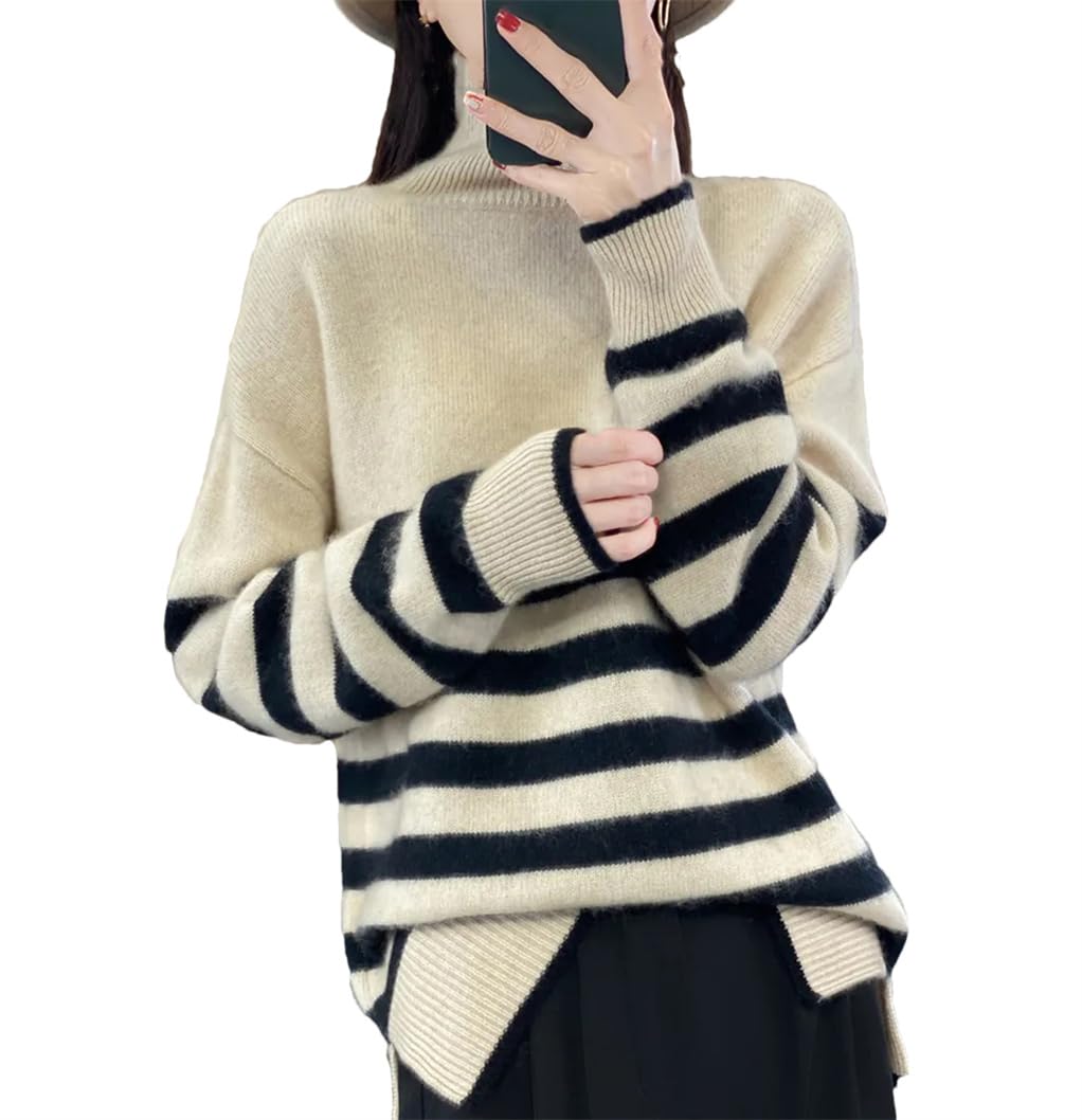 Suéter de lana de cuello alto para mujer, diseño de rayas
