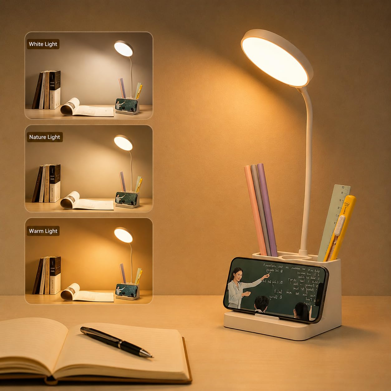 Fulminare Plastic LED Desk Lamp Dimmable Table Lamp Reading Lamp with USB Charging Port 3 Colour Mode,Touch Control Eye Caring, Desk Lamp for Study, Work (Pawn)