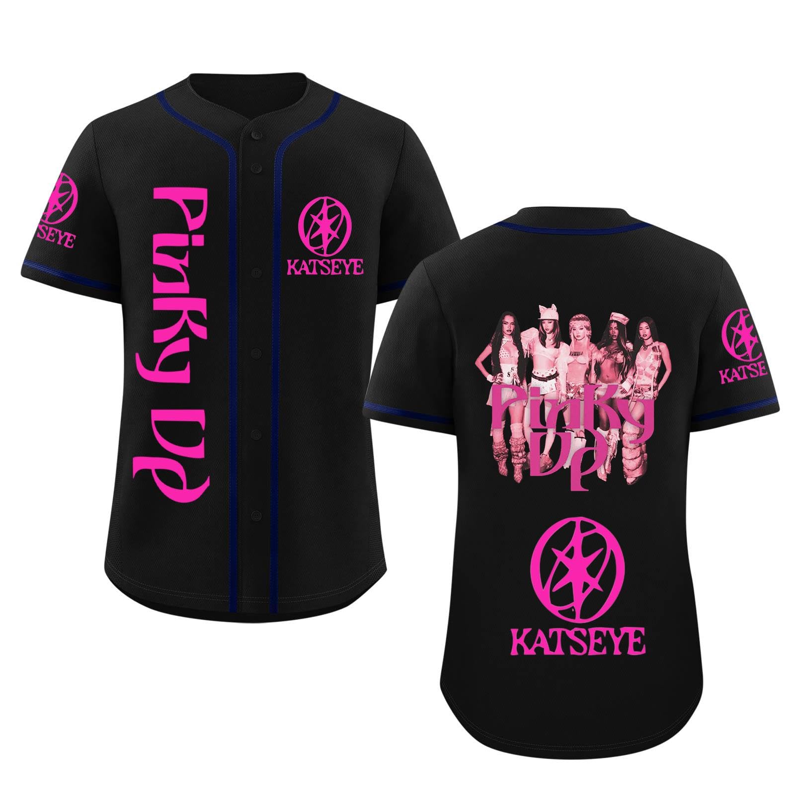 Katseye Tshirt Beautiful Chaos Album Pinky up Baseball Jersey Short Sleeve Button Down Casual Hip Hop Katseye Merch Baseball Jersey for Fans Men Women 03-Black XXL