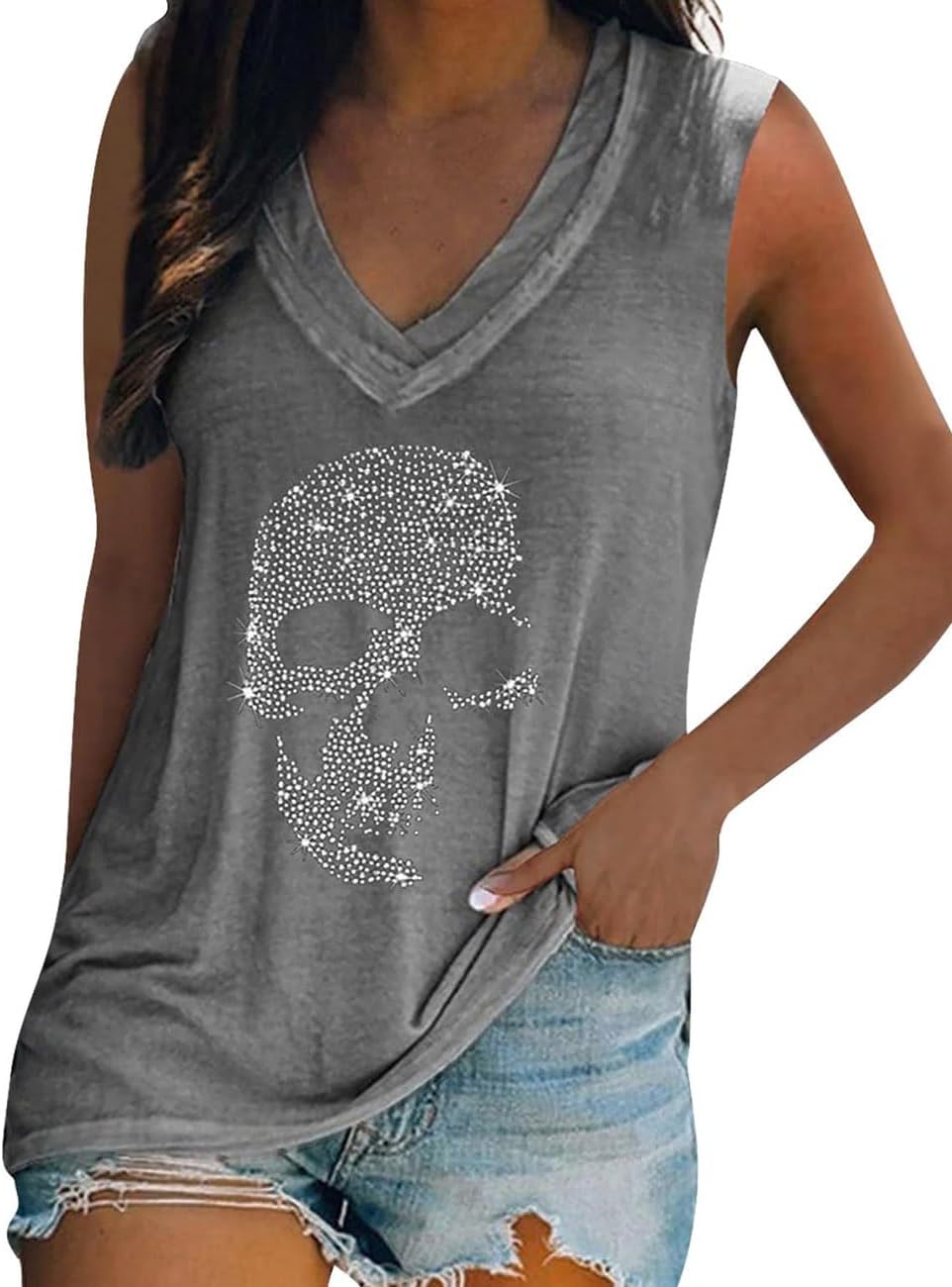 Fronage Women's Rhinestone Skull Tank Tops Loose Graphic V Neck Sleeveless Tee Shirt