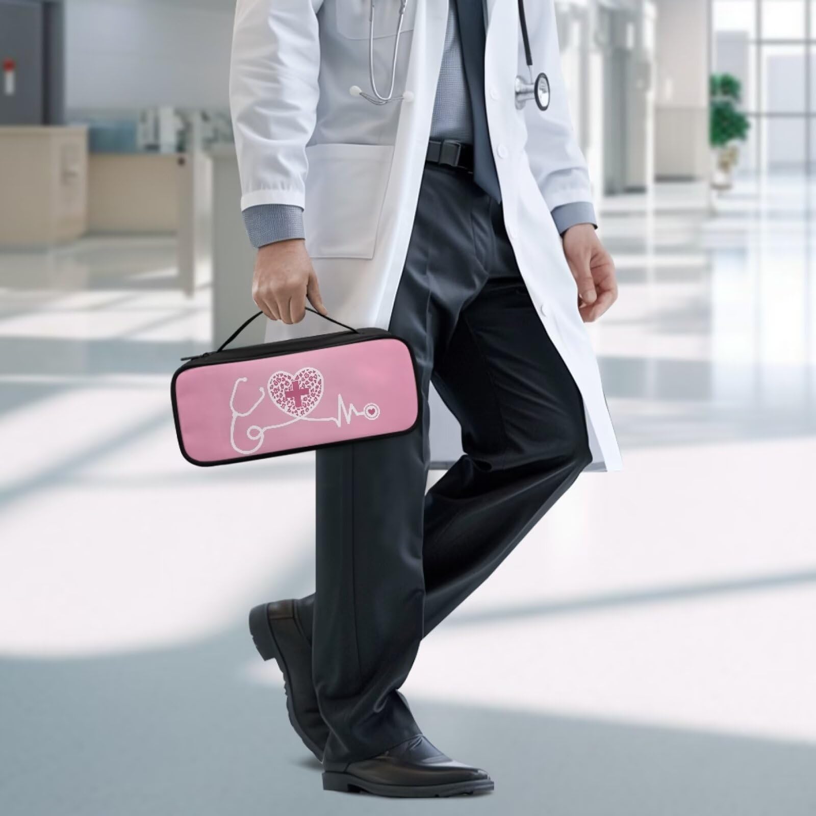 Sepetwhos Pink Cross Heart Stethoscope Carrying Case Large Protective Stethoscope Casewith Handle Shockproof Hard Organizer Storage Bag for Nurse Essentials for Work