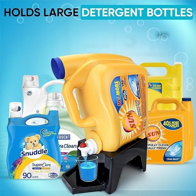 Image of Liquid Laundry Detergent Holder Stand with Drip Tray - 2 Pack - Black | Easy Pouring, Rubber Feet, Angled Stand, Fabric Softener Dispenser for Laundry Room Organization & Storage