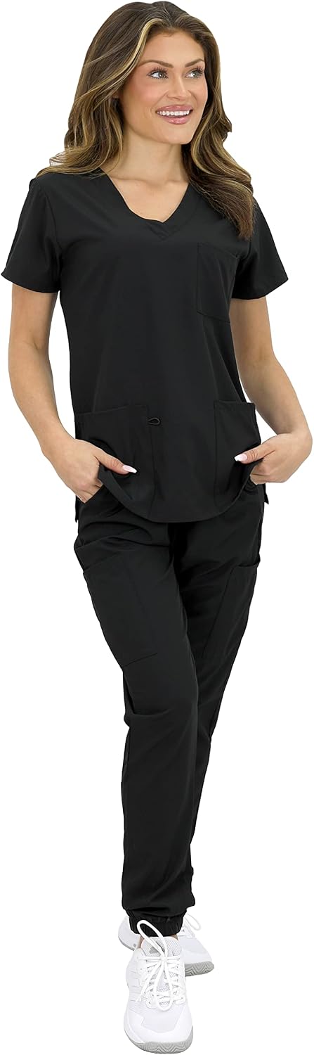 Green Town GT 4FLEX Athletic Slim Fit Jogger Top and Pant Medical Nursing Uniform Scrubs for Women Set (Small to XL)