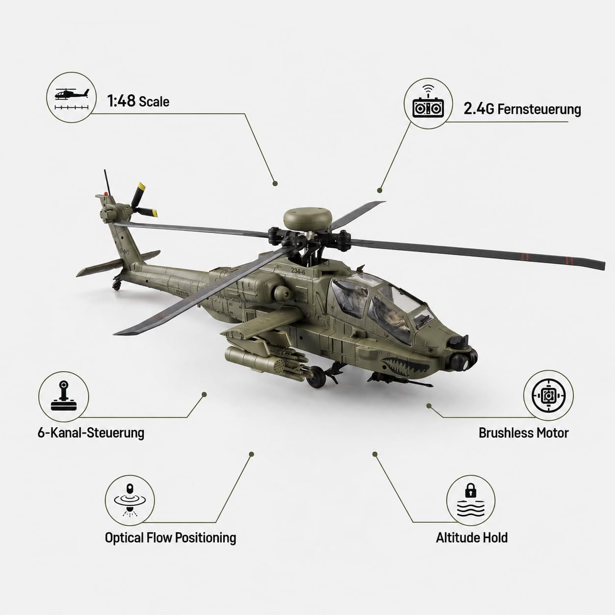 Elicottero radiocomandato C170 AH-64D, scala 1/48, 6 canali, senza spazzole, con sistema Flybarless, flusso ottico, TOF, mantenimento dell'altezza, elicottero radiocomandato per adulti