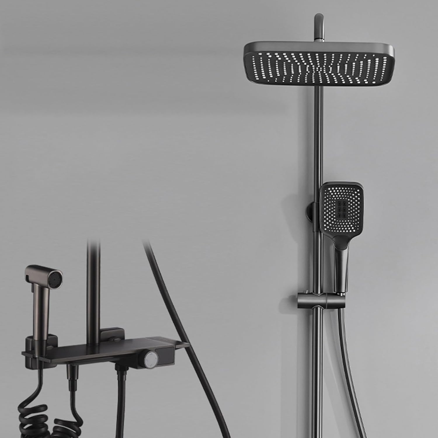 Exposed Shower System Gray Bathroom Shower Faucet Set High Adjustable Rain Shower Fixture with Shower Head, Waterfall Bathtub Faucet with Hand Shower And Bidet Sprayer
