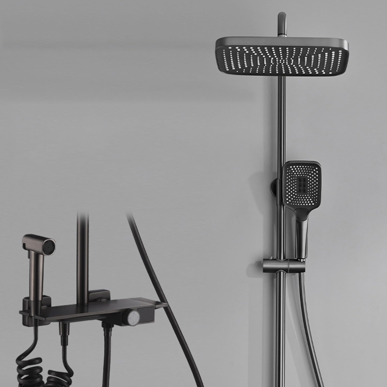 Sistema Doccia a Vista, Set di rubinetti per Bagno Grigio, soffione Regolabile in Altezza con soffione, doccetta per Vasca a Cascata e doccetta per Bidet