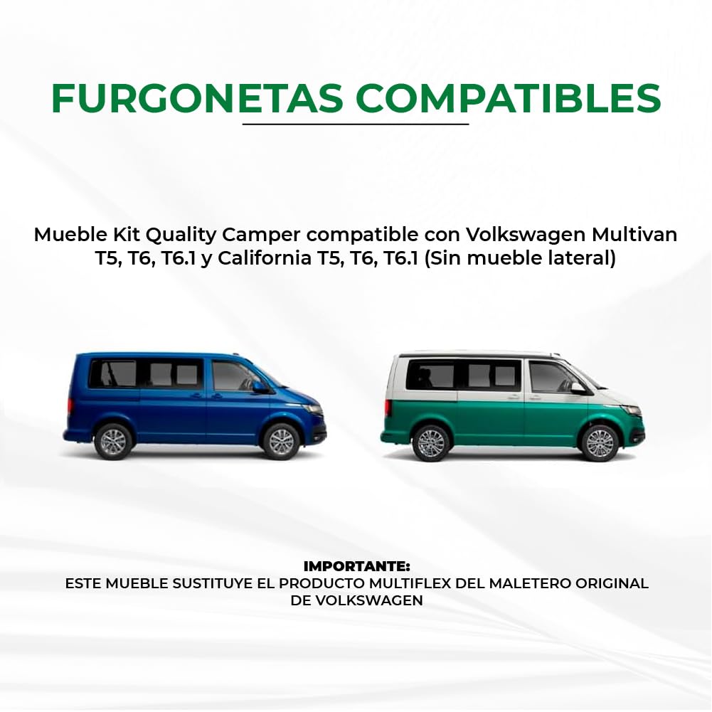 Mueble Kit Camper para Furgonetas VW T5, T6, T6,1 Multivan y California sin mueble lateral, con Accesorios y Colchón incluidos