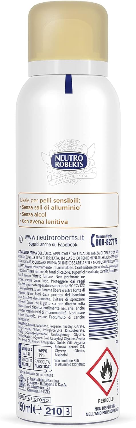 Neutro Roberts - 12 deodoranti spray Pelle Sensibile, con avena e latte lenitivo, protezione 48 ore, senza sali di alluminio e alcool, 150 ml, + portachiavi Italy Shop Service in omaggio