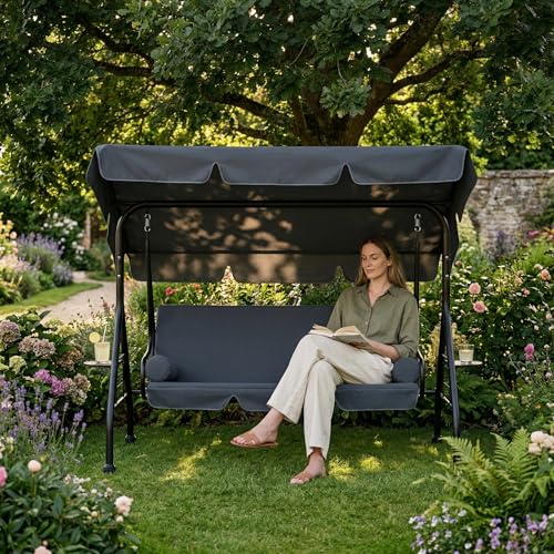 UISEBRT Columpio de jardín de 3 plazas con función reclinable, 2 cojines, 2 bandejas, banco para exteriores, soporta hasta 350 kg, para jardín, piscina, terraza, color gris
