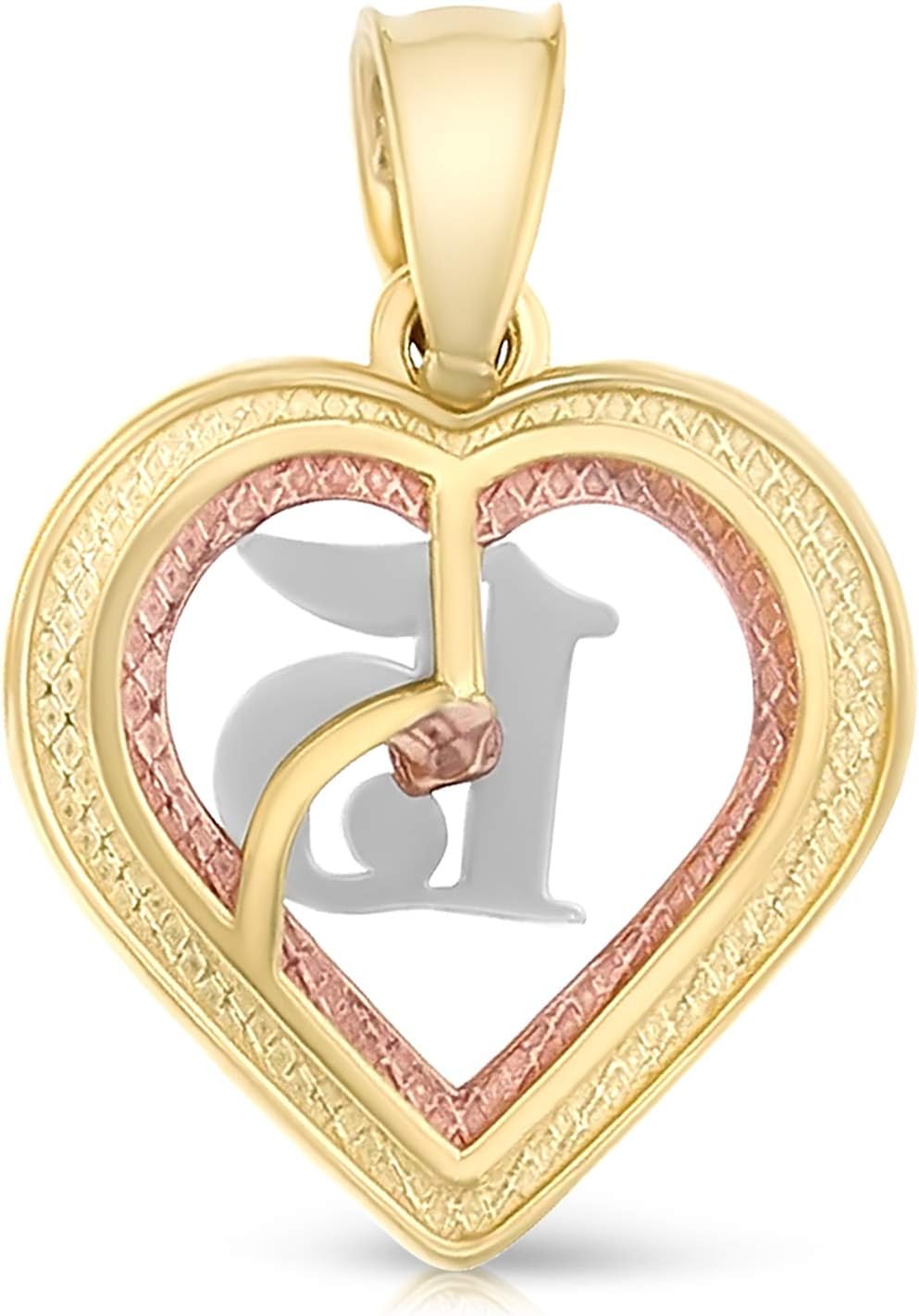 Ioka 14K Tri Color Gold Sweet 15 Years Quinceanera Heart Charm Pendant with 1.5mm Valentino Chain Necklace - Image 4