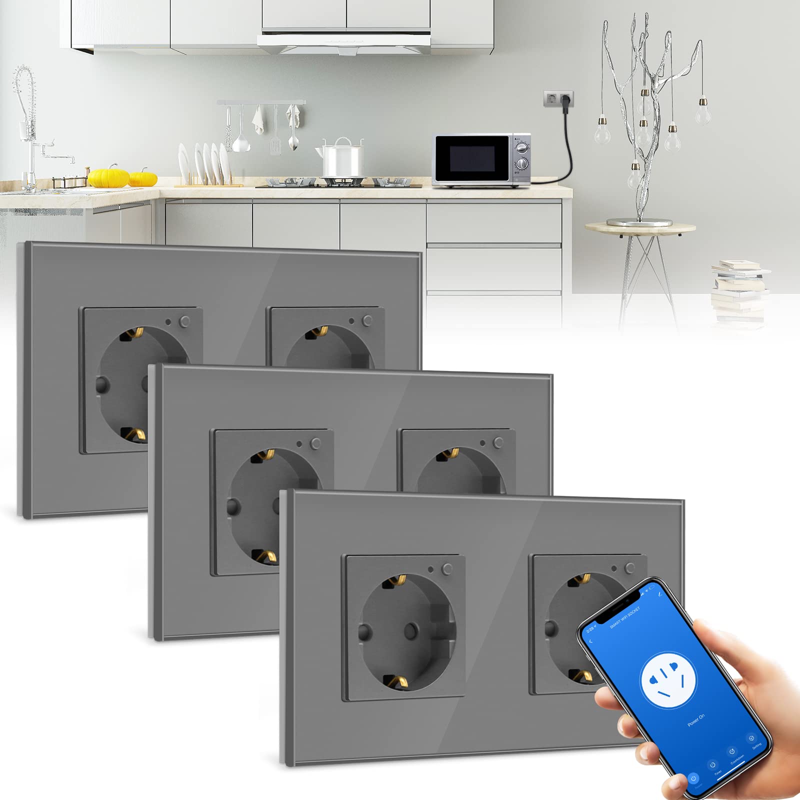 BSEED BSEED Enchufe Doble de Pared WiFi,Schuko Enchufe inteligente Compatible con Alexa y Google Home,Control de APP y Función de Temporizador,protección de contacto,16A Gris-3 Paquete