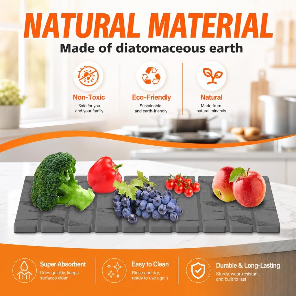 Diatomaceous Earth Dish Drying Mat - 24"x16" Foldable Stone Drying Tray for Kitchen Counter, Grooved Super Absorbent Stone Dish Mat, Roll Up Fast Drying Pad & Coffee Mat for Countertop (Dark Grey)
