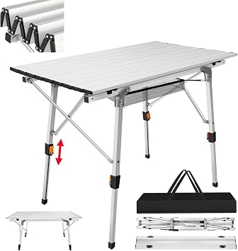 Folding Camping Table, Height Adjustable, 45 cm/68 cm, 90 x 53 cm W x D, Folding Camping Table with Aluminium Frame, Camping Table, Folding Balcony Table with Carry Bag, up to 30 kg