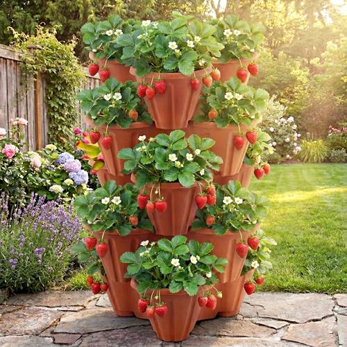 GEEZY Set of 5 Stackable Strawberry Planter – Terracotta Brown, Tiered Planters for Outdoor Vertical Gardening, Space-Saving Durable Pots for Gardens, Patios, Balconies – Ideal for Herbs & Plants