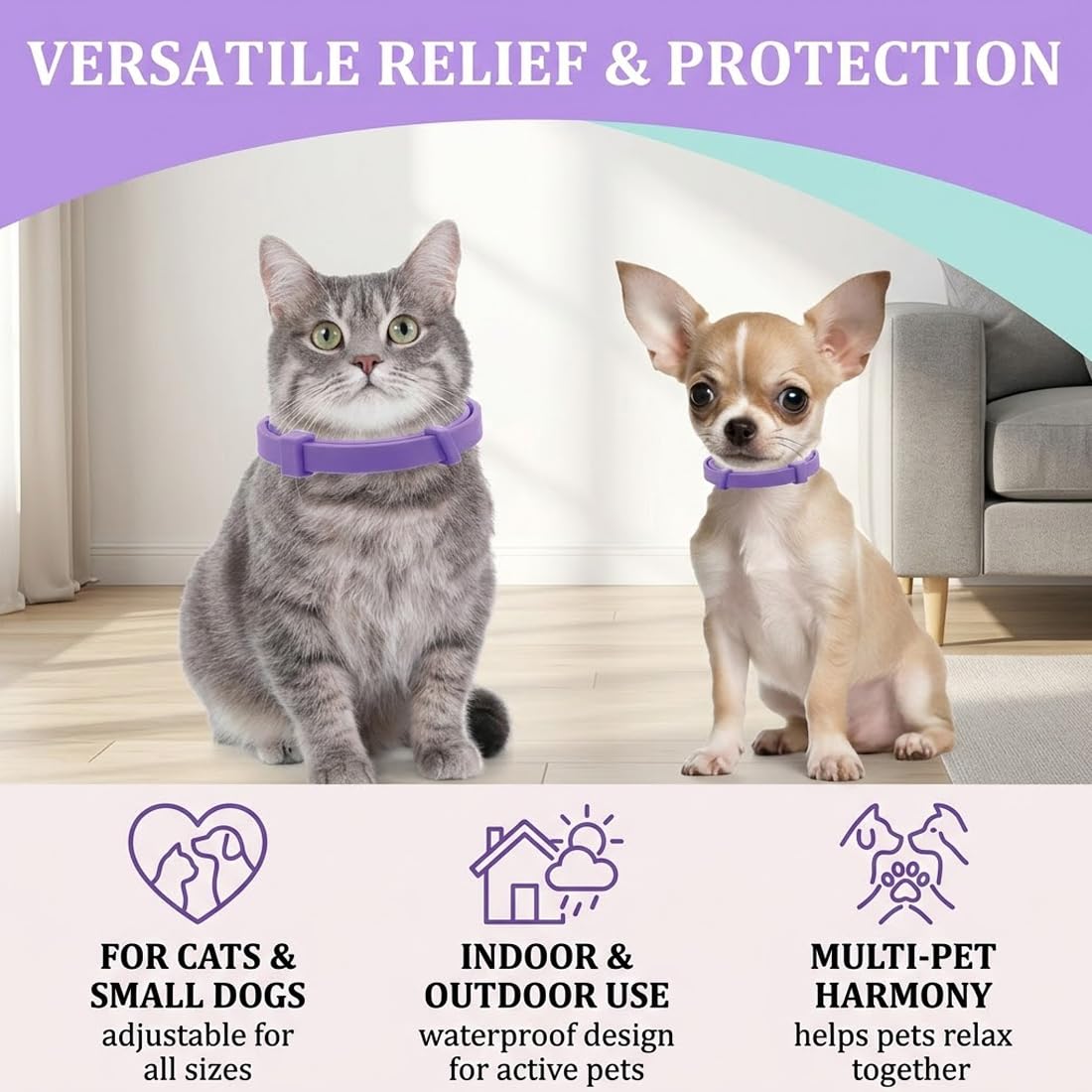Pack de 2 Collares Calmantes Gatos y Perros, Antiestrés Ajustable y Impermeable, Feromonas, Tranquilizante, Reduce Ansiedad, Seguro para Mascotas Pequeñas, Medianas y Grandes (Violetas)