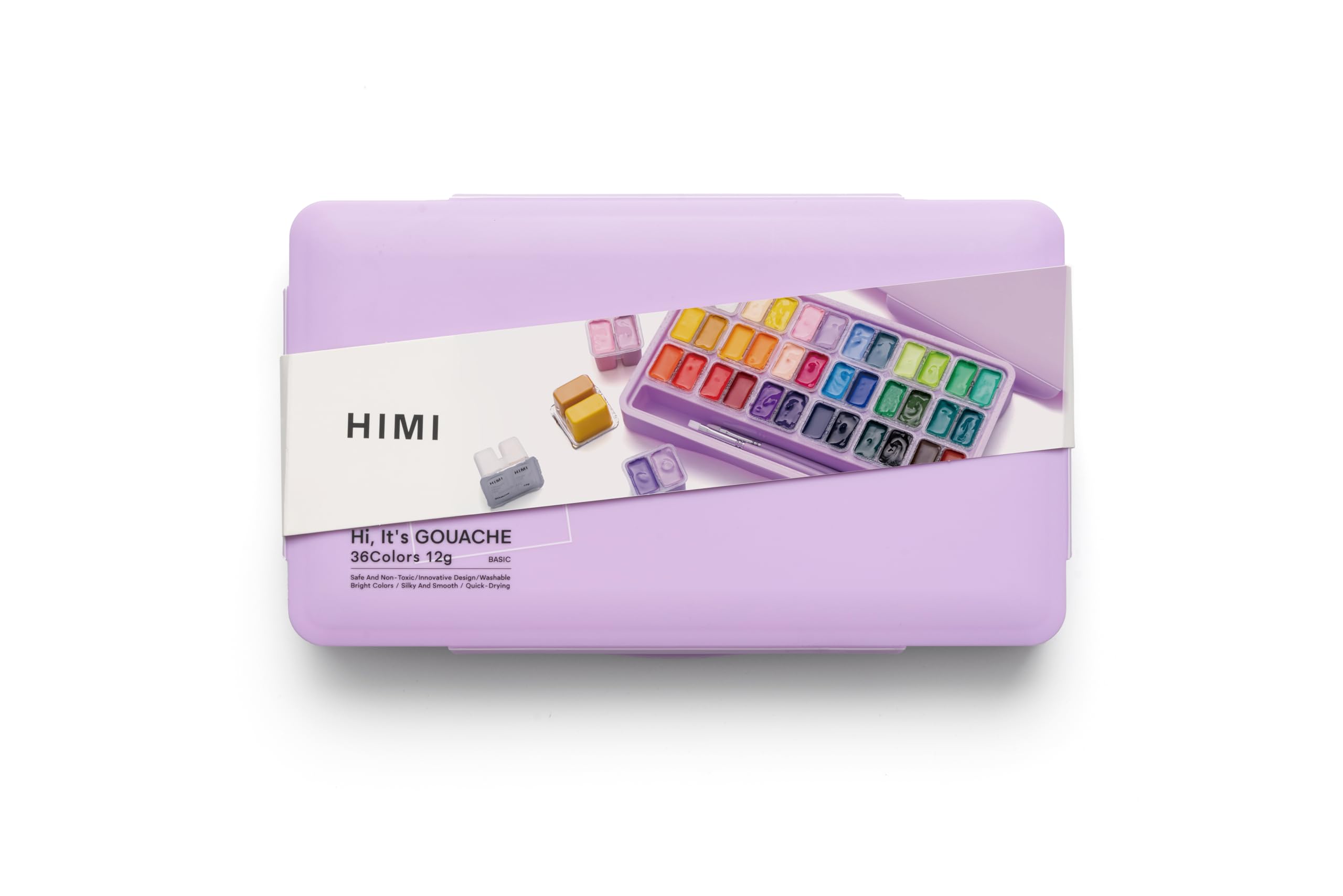 HIMI Twin Cup Gouache Set 36 Paint Colours, 3 Brushes, Pallete, Purple Case, Add Water to Reactivate, Smooth, Rich Colours, Gift, Artist Art Supplies, Large Scale Art Work to Fine Details